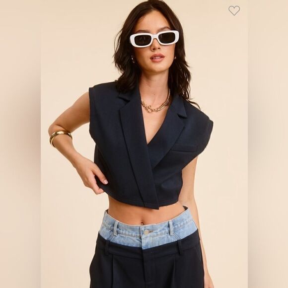 Tops - 007. SOLID V-NECK CROP WAISTCOAT VEST- NAVY BLUE